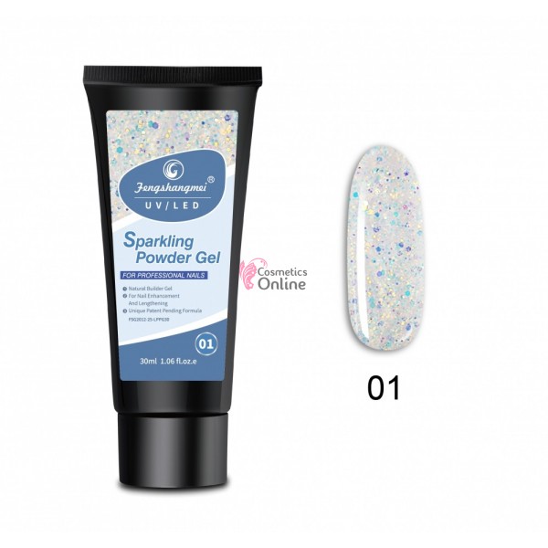PolyGel UV /LED pentru unghii false FSM Sparkling Powder Gel 30 ML - 01SPK Alb cu Reflexii
